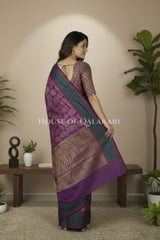Royal Purple & Antique Gold Banarasi Cotton Patola Saree with all over paisley buti