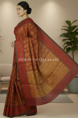 Brick Red & Antique Gold Banarasi Cotton Patola Saree with all over paisley buti