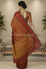 Brick Red & Antique Gold Banarasi Cotton Patola Saree with all over paisley buti