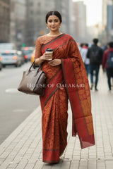Brick Red & Antique Gold Banarasi Cotton Patola Saree with all over paisley buti