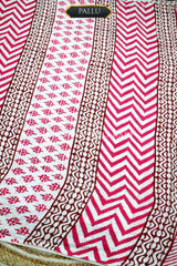 Pink Floral Bagru Mulmul Cotton Saree with Off-White Prints and brown floral vines
