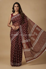 Maroon Floral Sprig Bagru Mulmul Cotton Saree with white prints