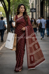 Maroon Floral Sprig Bagru Mulmul Cotton Saree with white prints