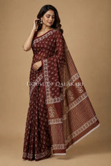 Maroon Floral Sprig Bagru Mulmul Cotton Saree with white prints