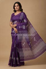 Purple Palm Motif Bagru Mulmul Cotton Saree with white prints