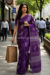 Purple Palm Motif Bagru Mulmul Cotton Saree with white prints