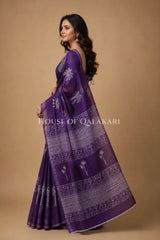 Purple Palm Motif Bagru Mulmul Cotton Saree with white prints