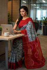 Slate Grey & Red Chevron Bagru Mulmul Cotton Saree with cicular motifs red pallu