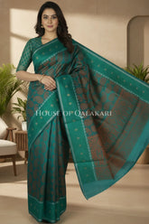 Teal Green & Antique copper Banarasi Cotton Patola Saree with all over paisley buti