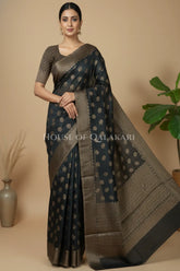 Banarasi Cotton Saree in Black with rounded floral leaf buti