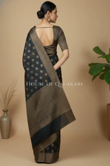 Banarasi Cotton Saree in Black with rounded floral leaf buti