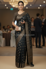 Banarasi Cotton Saree in Black with rounded floral leaf buti