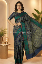 Navy Blue & Antique Gold Banarasi Cotton Patola Saree with all over paisley buti