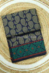 Navy Blue & Antique Gold Banarasi Cotton Patola Saree with all over paisley buti