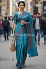 Aqua Blue & Steel Blue Banarasi Cotton Patola Saree with all over paisley buti