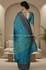Aqua Blue & Steel Blue Banarasi Cotton Patola Saree with all over paisley buti