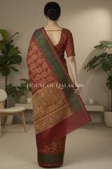 Maroon Red & Antique Gold Banarasi Cotton Patola Saree with all over paisley buti