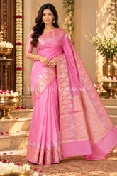 Banarasi Raw Mango Silk Saree in Soft Pink with Plain Body & Floral Zari Border & Pallu