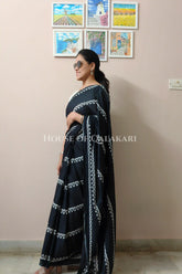 Black Bagru Mulmul Cotton Saree with Off-White Border Prints