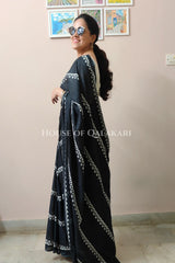Black Bagru Mulmul Cotton Saree with Off-White Border Prints