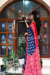 Indigo Blue & Red Bagru Mulmul Cotton Saree with Off-White Ikat-Inspired Motifs