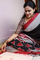 Pure Hand Block Printed Linen Cotton Saree Abstract Geometric Design-Black