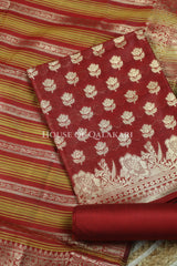 Banarasi Cotton Silk blend Unstitched Dress Material in Red and with matching floral vine jaal dupatta