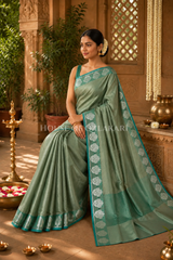 Banarasi Plain Tissue Sarees with Zari buta border and plain pallu in Sage Green