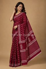 Deep Wine Floral Sprig Bagru Mulmul Cotton Saree with white prints