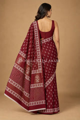 Deep Wine Floral Sprig Bagru Mulmul Cotton Saree with white prints