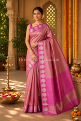 Banarasi Plain Tissue Sarees with Zari buta border and plain pallu in Dusty Rose Pink
