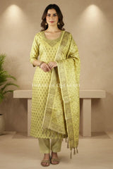 Chanderi Cotton Banarasi Unstitched Dress Material- Lemon Yellow with Neck design and floral bel design