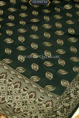 Chanderi Cotton Banarasi Unstitched Dress Material- Bottle Green Jacquard Design