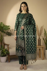 Chanderi Cotton Banarasi Unstitched Dress Material- Bottle Green Jacquard Design