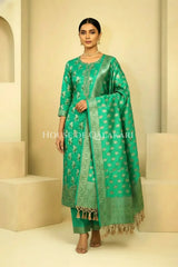 Chanderi Cotton Banarasi Unstitched Dress Material- Sea Green Jacquard Design