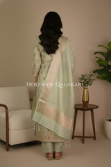 Chanderi Cotton Banarasi Unstitched Dress Material- Sea Green Zari Work