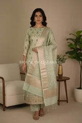 Chanderi Cotton Banarasi Unstitched Dress Material- Sea Green Zari Work