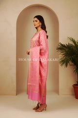 Pink Banarasi Chanderi Cotton Unstitched Dress Material with Zari Work – side pose