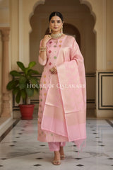 Banarasi Chanderi Cotton Unstitched Dress Material in Baby Pink and with matching zari floral jaal dupatta – front pose