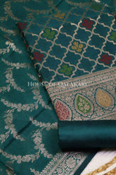 Banarasi Chanderi Cotton Unstitched Dress Material in Bottle Green and with matching floral vine jaal dupatta – product