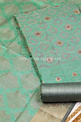 Banarasi Chanderi Cotton Unstitched Dress Material in Sea Green and with matching floral vine jaal dupatta – product