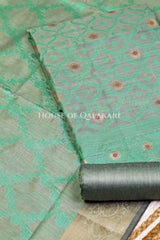 Banarasi Chanderi Cotton Unstitched Dress Material in Sea Green and with matching floral vine jaal dupatta – product