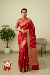 Red Banarasi Chiniya Pure Silk saree with Zari Buti & Border