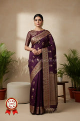 Deep Wine Banarasi Chiniya Pure Silk saree with Zari Buti & Meenakari Border