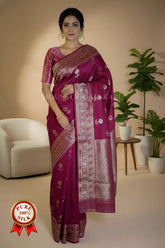 Rosewood Banarasi Chiniya Pure Silk saree with Zari Buti & Meenakari Border
