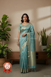 Sea Green Banarasi Chiniya Pure Silk saree with Meenakari Leaf Buti and floral Border