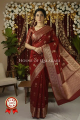 Maroon Oak Banarasi Chiniya Pure Silk saree with Zari Floral Motifs