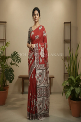 Red Kalamkari Cotton saree with intricate elephant prints on body and pallu