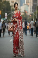 Red Kalamkari Cotton saree with intricate elephant prints on body and pallu