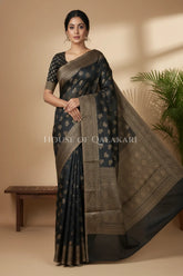 Banarasi Cotton Saree in Black with resham flower leaf buti